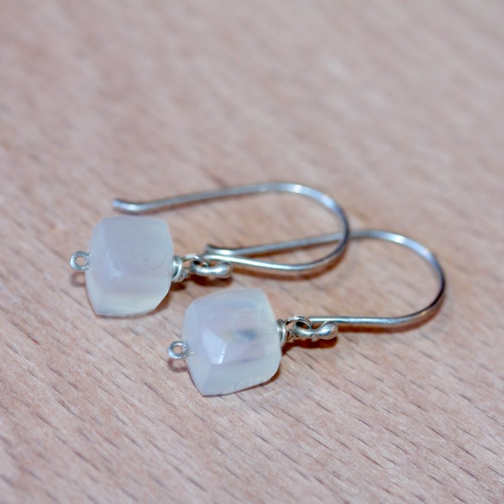 Tiny Silver Earring - Small Square Gem Earrings - White Chalcedony Earrings -